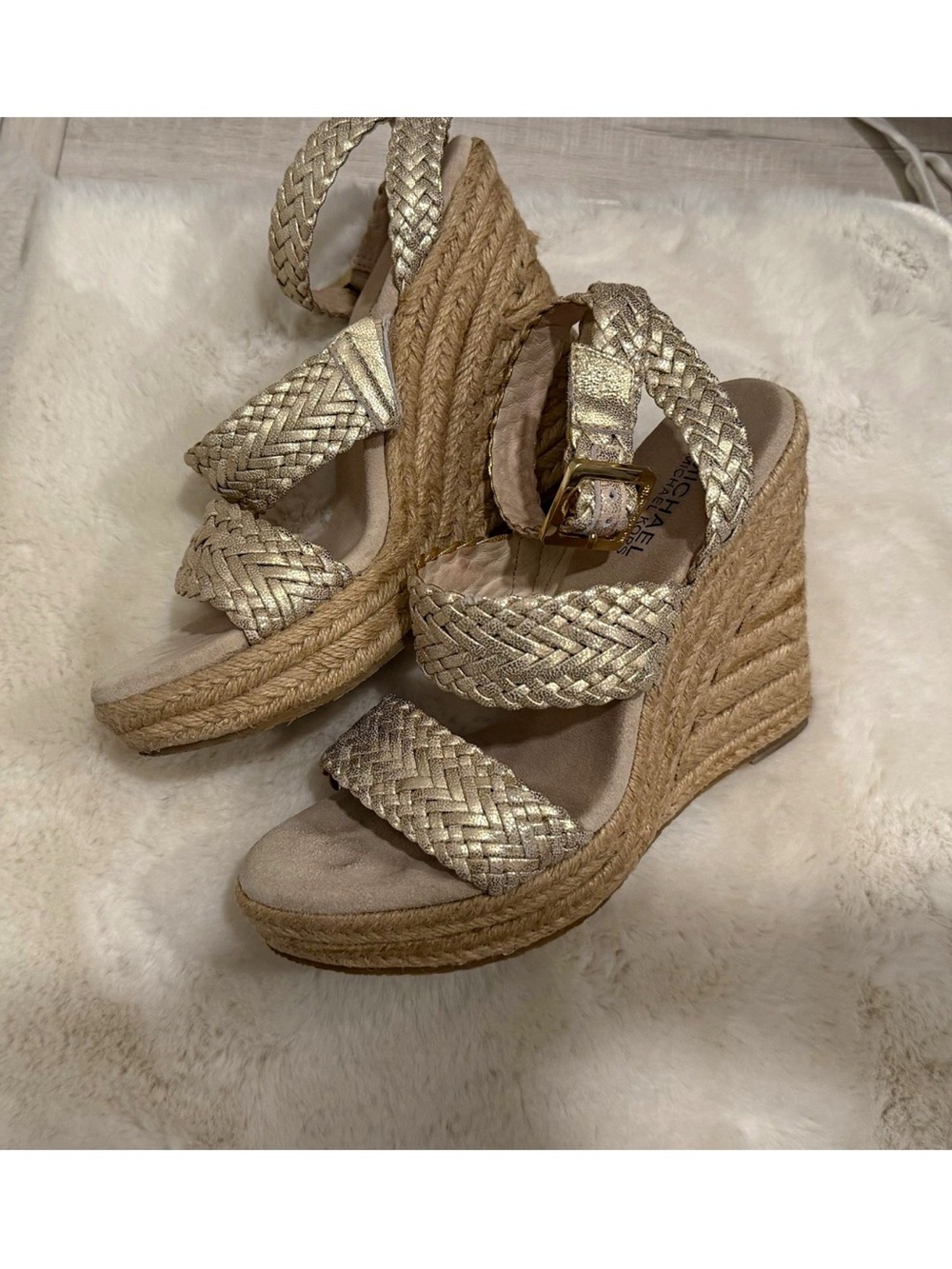 Michael Kors Metallic Gold Braided Espadrille Wedge Sandals